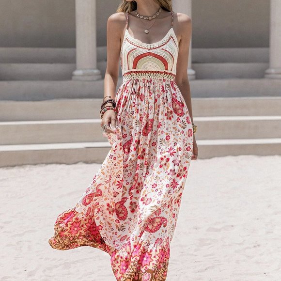 Boho Shabby Chic Multicolor Preppy Womens Maxi Dress - Picture 4 of 5